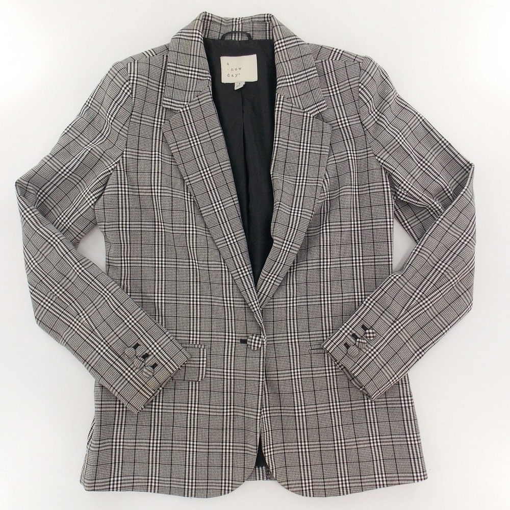 A New Day Blazer‎ Glen Plaid Modern Women Size 6 Black White Gray Professional